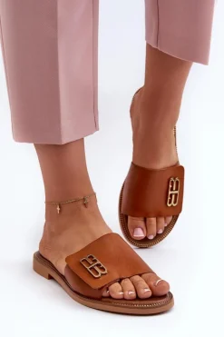 Clearance 40384 Eleganckie Skórzane Klapki Damskie Brązowe Damskie Klapki Damskie Klasyczne