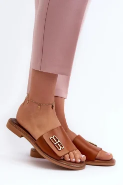 Clearance 40384 Eleganckie Skórzane Klapki Damskie Brązowe Damskie Klapki Damskie Klasyczne