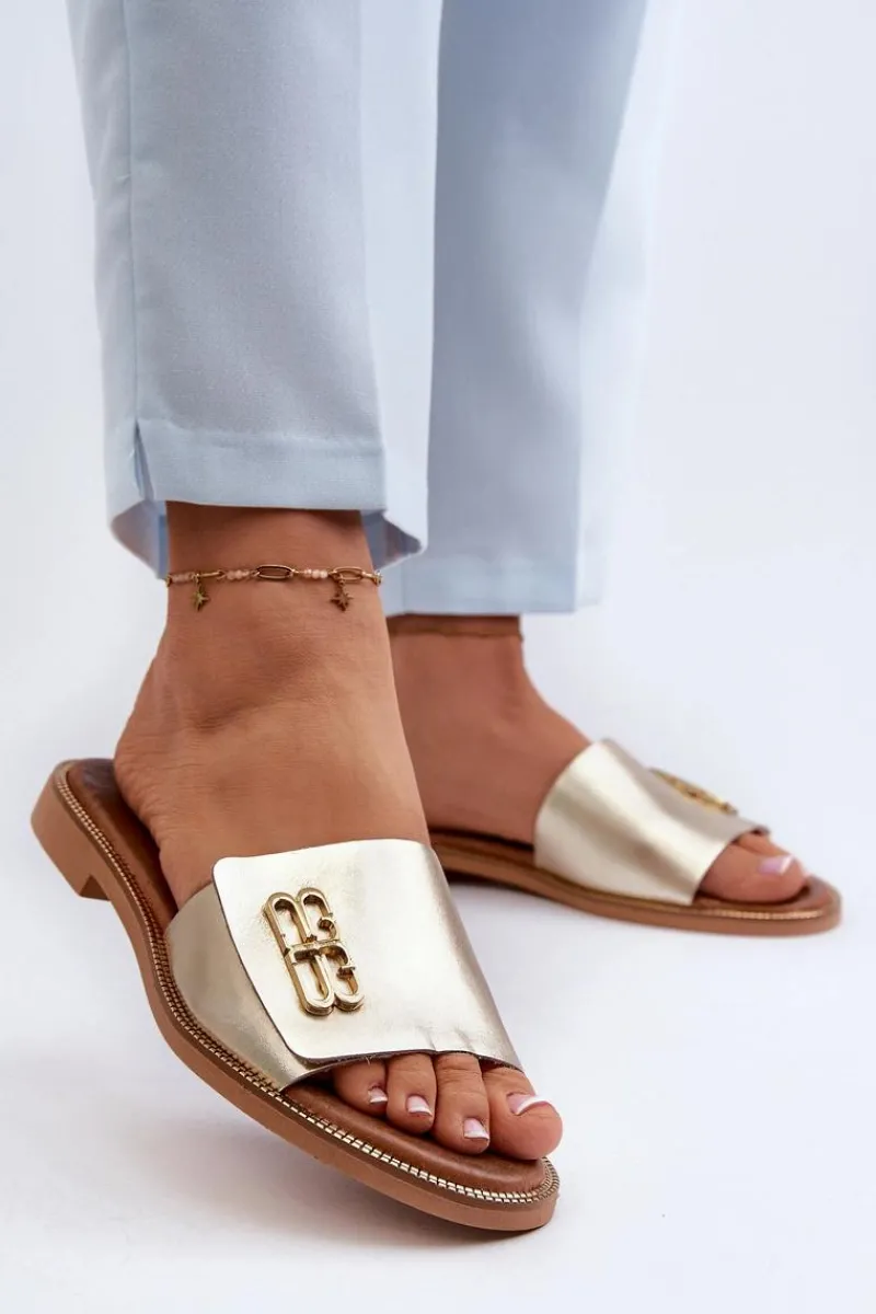 Outlet Zazoo 40384 Eleganckie Skórzane Klapki Damskie Złote Złoty