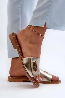 Outlet Zazoo 40384 Eleganckie Skórzane Klapki Damskie Złote Złoty