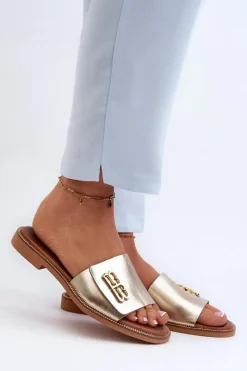 Outlet Zazoo 40384 Eleganckie Skórzane Klapki Damskie Złote Złoty