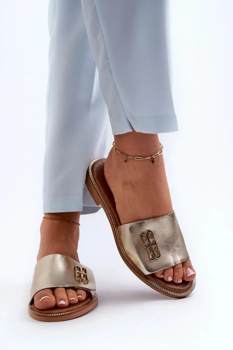 Outlet Zazoo 40384 Eleganckie Skórzane Klapki Damskie Złote Złoty