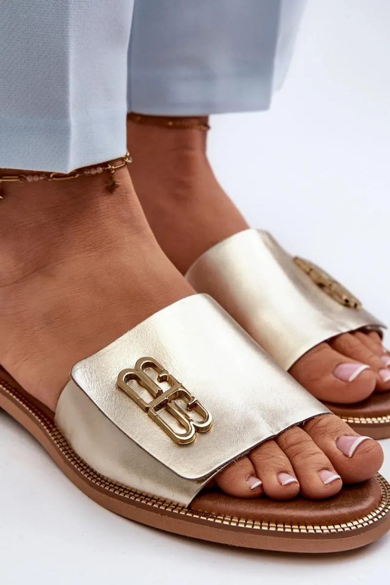 Outlet Zazoo 40384 Eleganckie Skórzane Klapki Damskie Złote Złoty