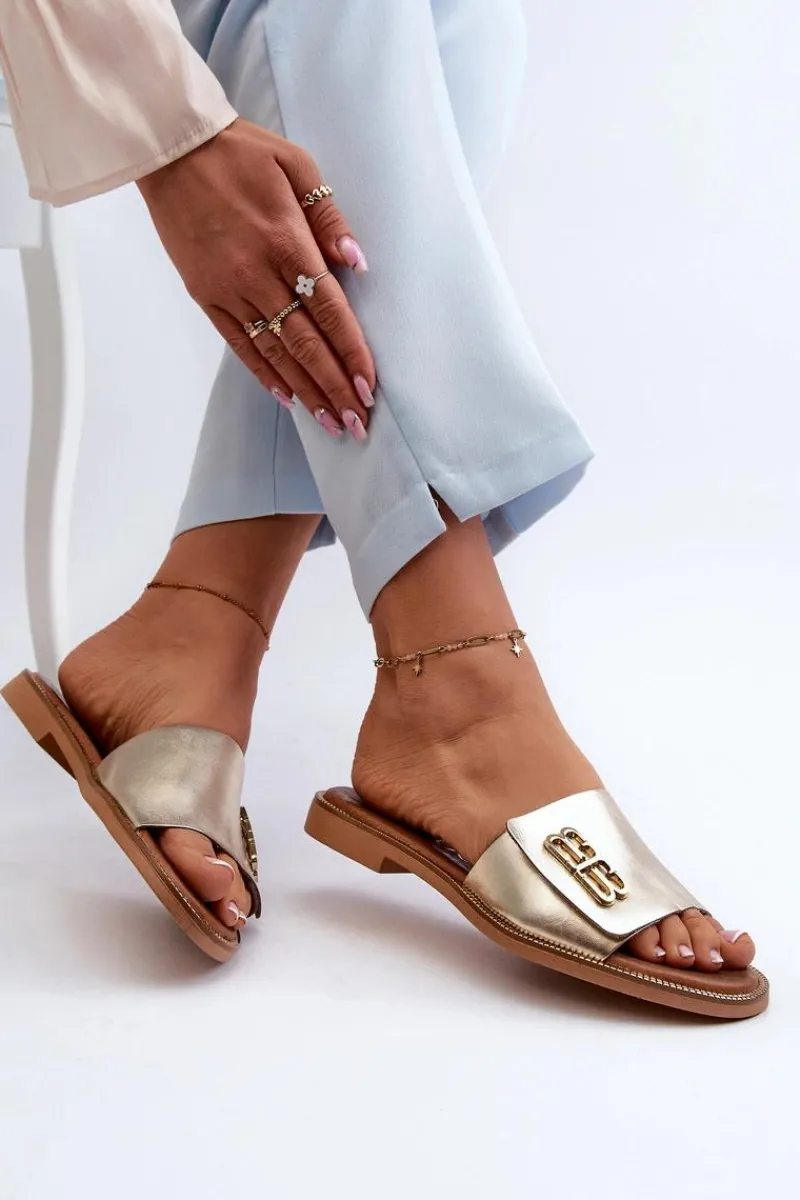 Outlet Zazoo 40384 Eleganckie Skórzane Klapki Damskie Złote Złoty