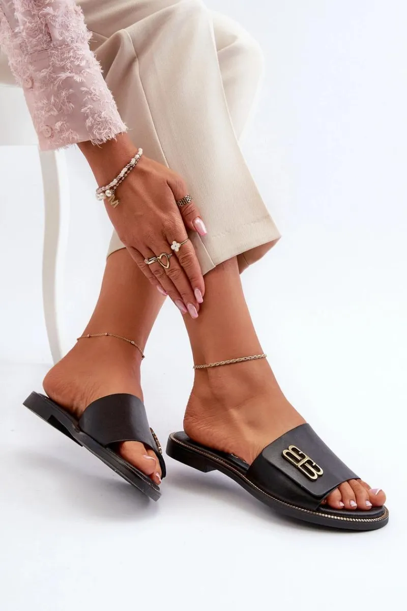 Klapki Damskie Klasyczne>Zazoo 40384 Eleganckie Skórzane Klapki Damskie Czarne Czarny