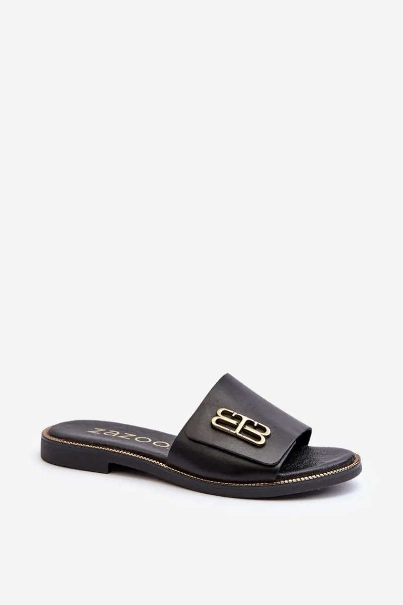 Klapki Damskie Klasyczne>Zazoo 40384 Eleganckie Skórzane Klapki Damskie Czarne Czarny