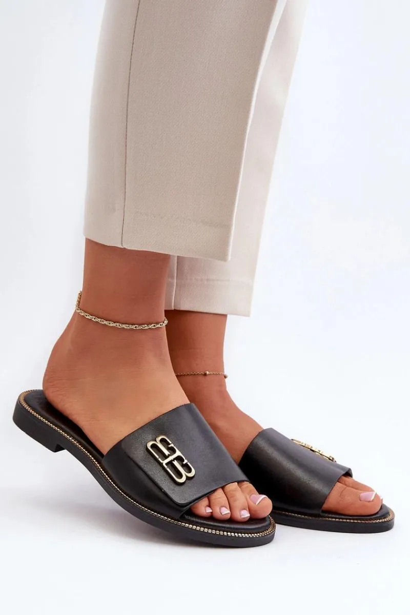 Klapki Damskie Klasyczne>Zazoo 40384 Eleganckie Skórzane Klapki Damskie Czarne Czarny