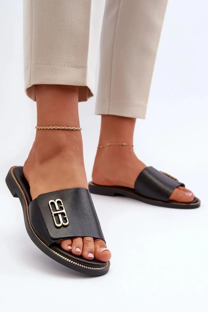 Klapki Damskie Klasyczne>Zazoo 40384 Eleganckie Skórzane Klapki Damskie Czarne Czarny