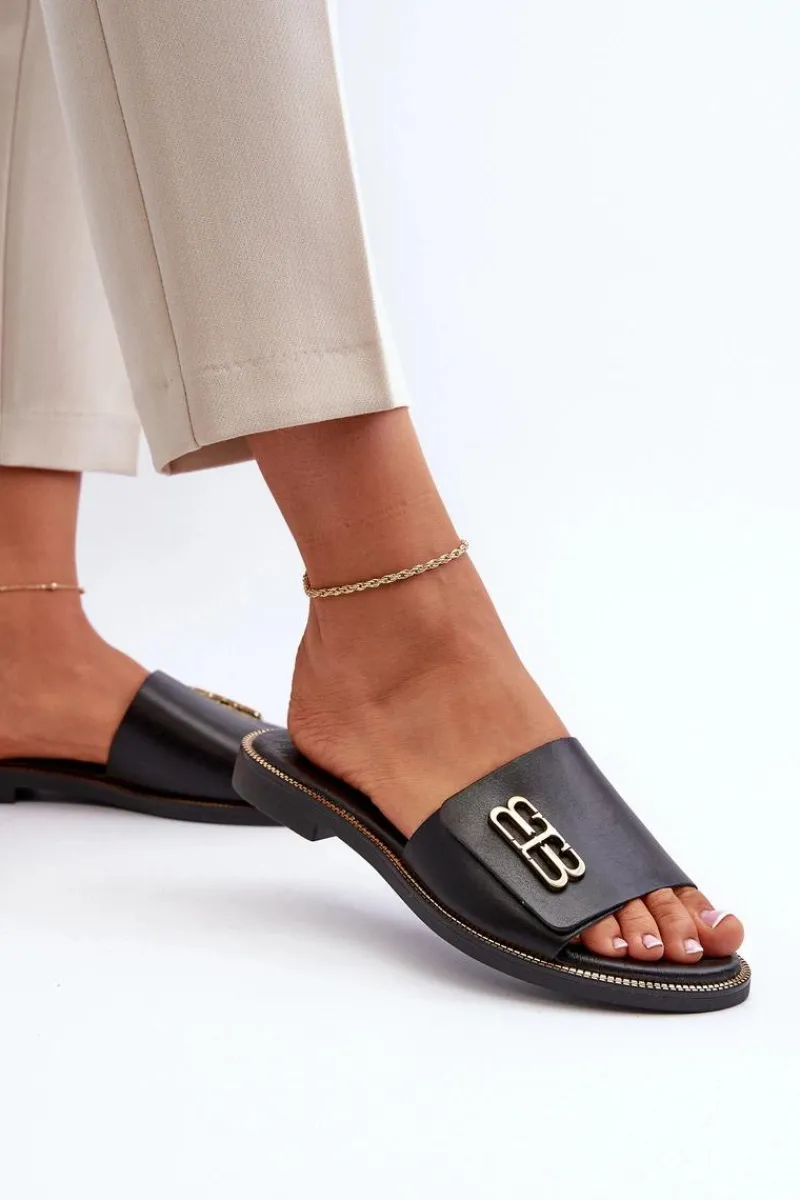 Klapki Damskie Klasyczne>Zazoo 40384 Eleganckie Skórzane Klapki Damskie Czarne Czarny