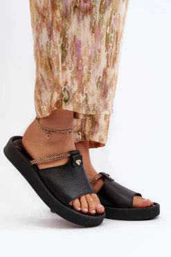 Klapki Damskie Klasyczne>Zazoo 2896 Klapki Damskie Skórzane Czarne