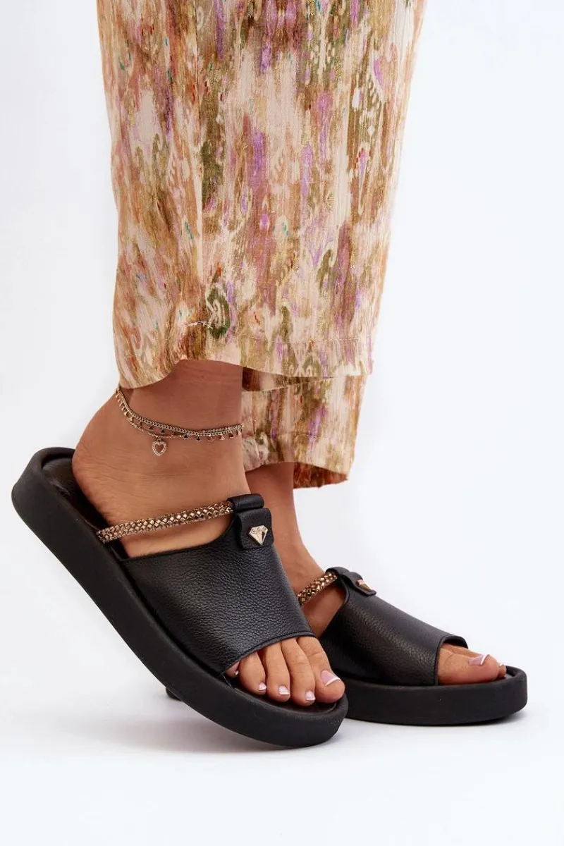 Klapki Damskie Klasyczne>Zazoo 2896 Klapki Damskie Skórzane Czarne