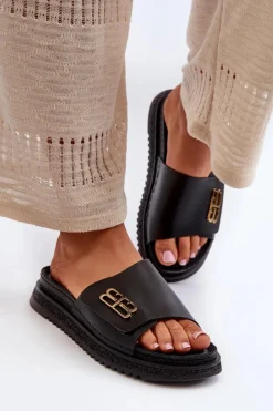 Klapki Damskie Klasyczne>Zazoo 50101 Klapki Damskie Skórzane Na Platformie Czarne