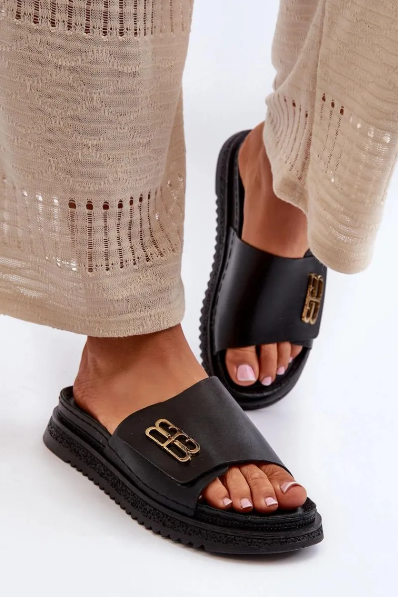 Klapki Damskie Klasyczne>Zazoo 50101 Klapki Damskie Skórzane Na Platformie Czarne