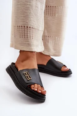 Klapki Damskie Klasyczne>Zazoo 50101 Klapki Damskie Skórzane Na Platformie Czarne