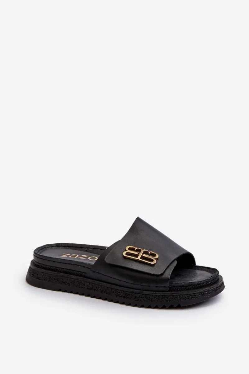 Klapki Damskie Klasyczne>Zazoo 50101 Klapki Damskie Skórzane Na Platformie Czarne