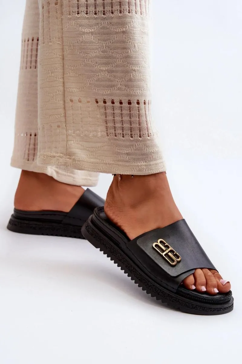 Klapki Damskie Klasyczne>Zazoo 50101 Klapki Damskie Skórzane Na Platformie Czarne