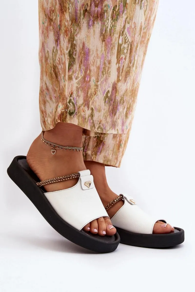 Klapki Damskie Klasyczne>Zazoo 2896 Klapki Damskie Skórzane Białe Biały