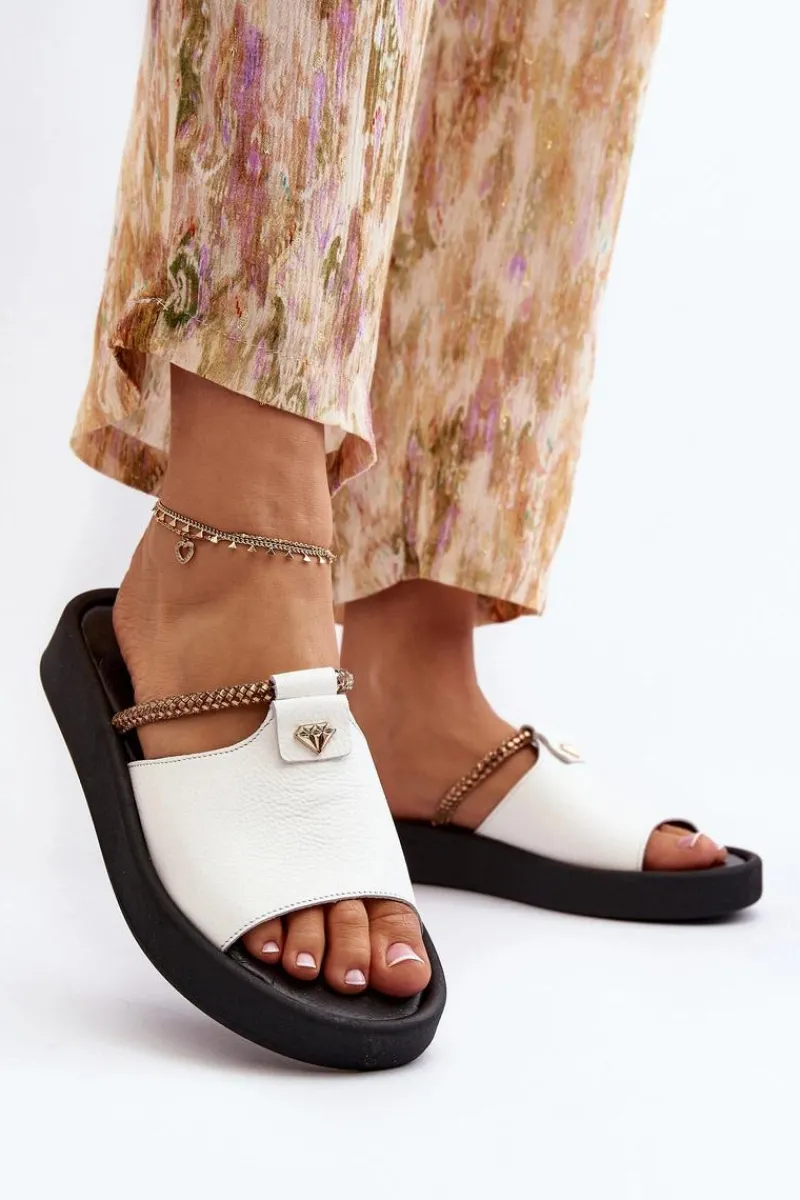 Klapki Damskie Klasyczne>Zazoo 2896 Klapki Damskie Skórzane Białe Biały