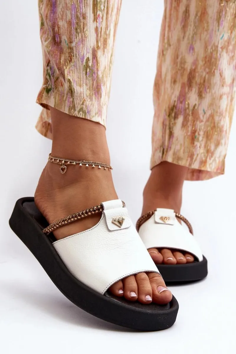 Klapki Damskie Klasyczne>Zazoo 2896 Klapki Damskie Skórzane Białe Biały