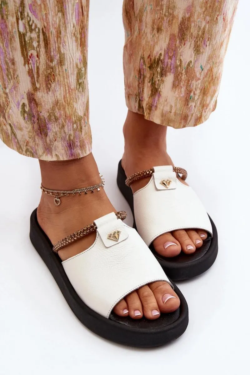 Klapki Damskie Klasyczne>Zazoo 2896 Klapki Damskie Skórzane Białe Biały