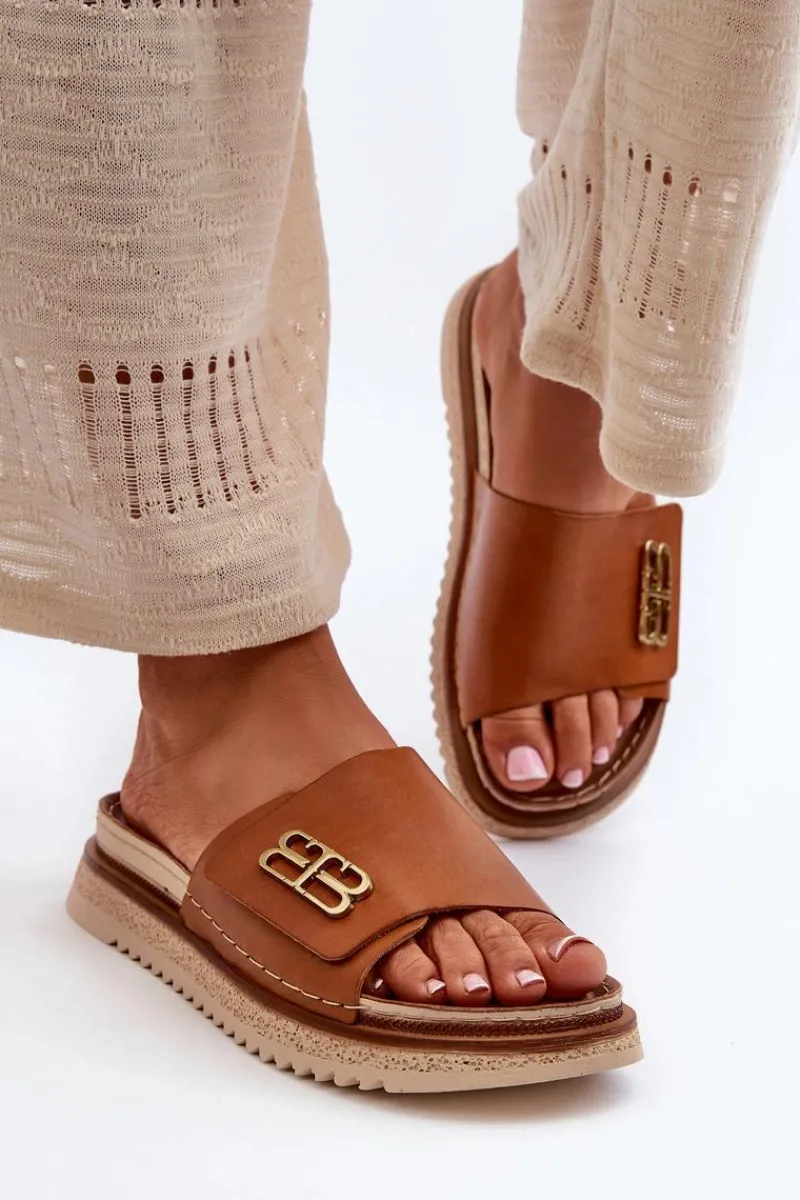 Hot 50101 Klapki Damskie Skórzane Na Platformie Brązowe Damskie Klapki Damskie Klasyczne