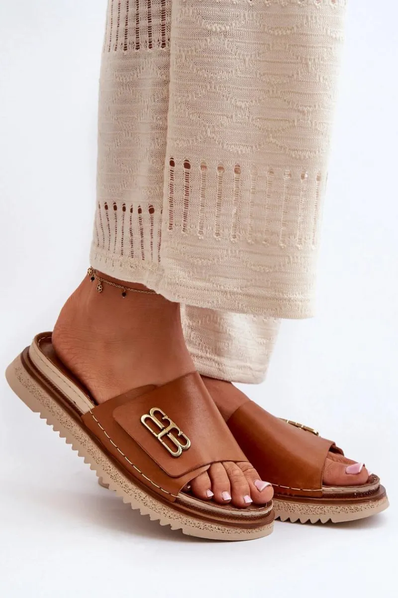 Hot 50101 Klapki Damskie Skórzane Na Platformie Brązowe Damskie Klapki Damskie Klasyczne