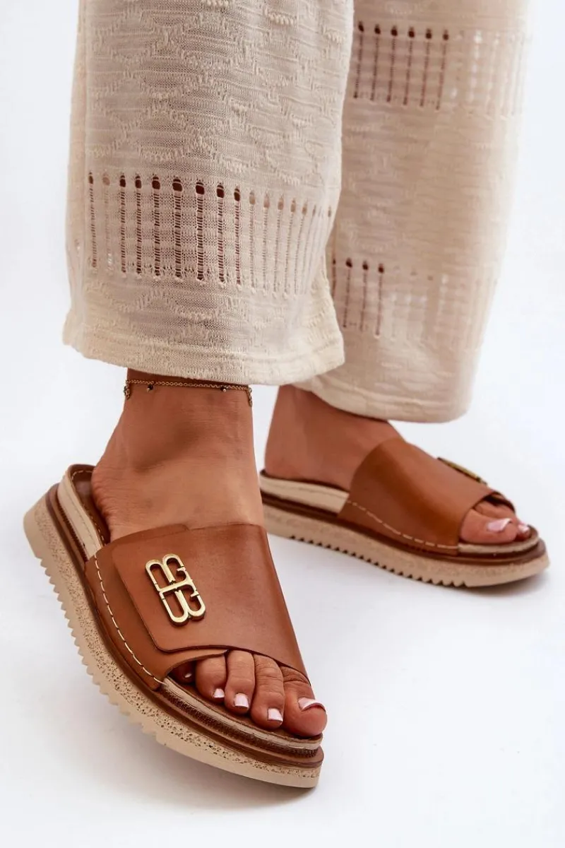 Hot 50101 Klapki Damskie Skórzane Na Platformie Brązowe Damskie Klapki Damskie Klasyczne