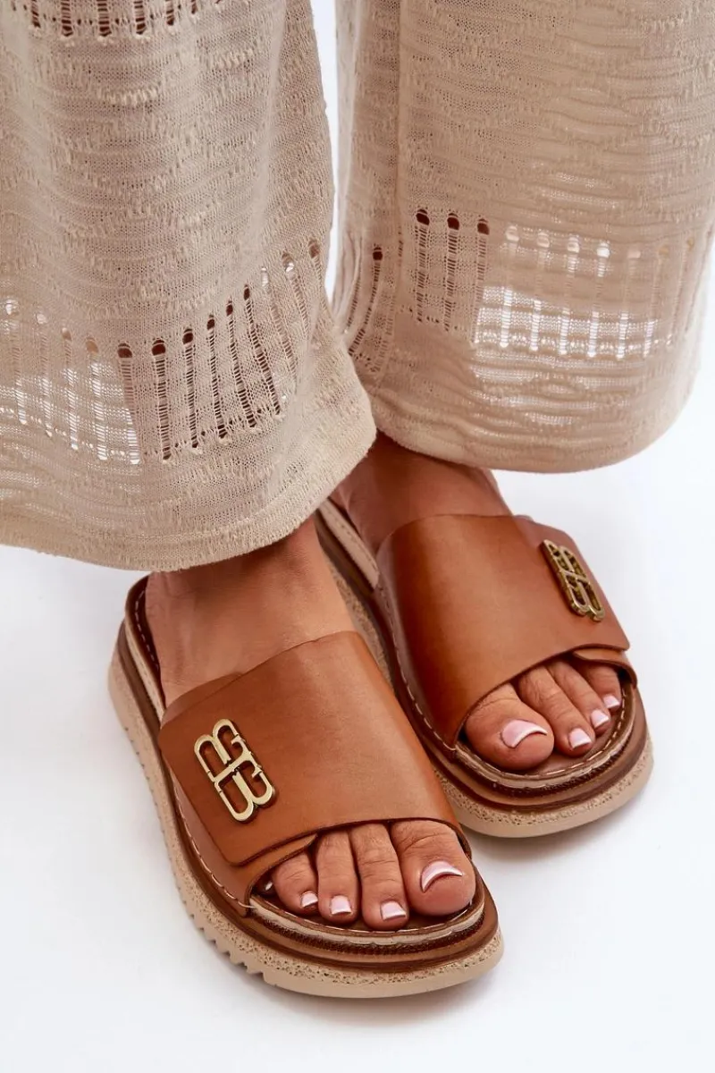 Hot 50101 Klapki Damskie Skórzane Na Platformie Brązowe Damskie Klapki Damskie Klasyczne