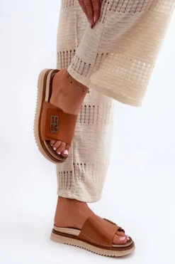 Hot 50101 Klapki Damskie Skórzane Na Platformie Brązowe Damskie Klapki Damskie Klasyczne