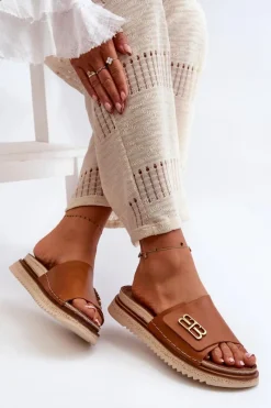 Hot 50101 Klapki Damskie Skórzane Na Platformie Brązowe Damskie Klapki Damskie Klasyczne