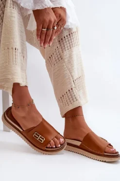 Hot 50101 Klapki Damskie Skórzane Na Platformie Brązowe Damskie Klapki Damskie Klasyczne