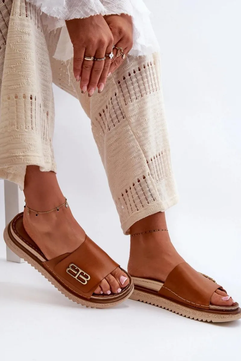 Hot 50101 Klapki Damskie Skórzane Na Platformie Brązowe Damskie Klapki Damskie Klasyczne