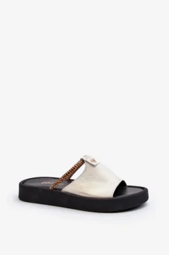Online Zazoo 2896 Klapki Damskie Skórzane Biało-Złote Biały