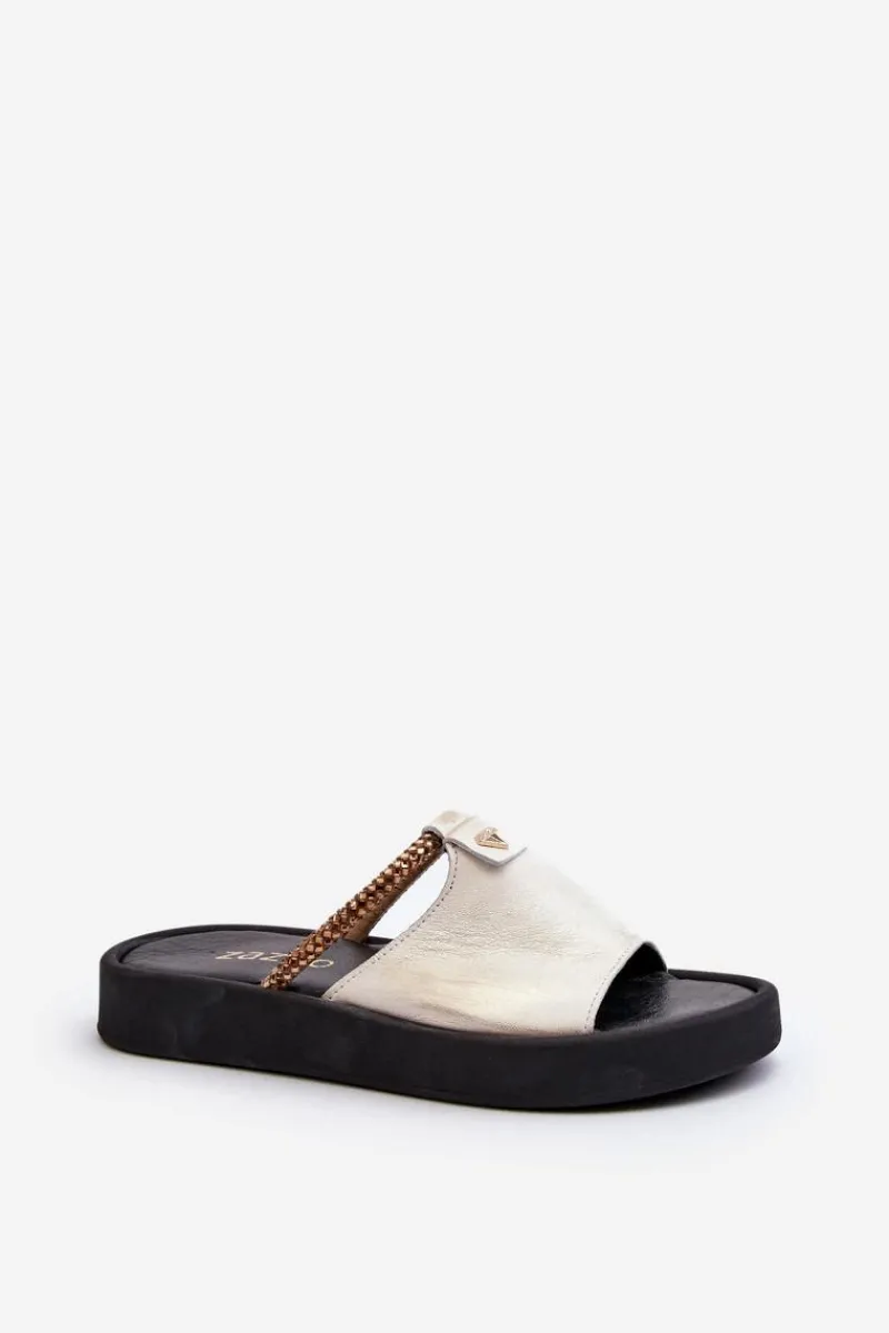 Online Zazoo 2896 Klapki Damskie Skórzane Biało-Złote Biały