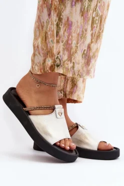 Online Zazoo 2896 Klapki Damskie Skórzane Biało-Złote Biały