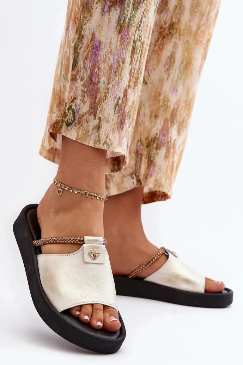 Online Zazoo 2896 Klapki Damskie Skórzane Biało-Złote Biały