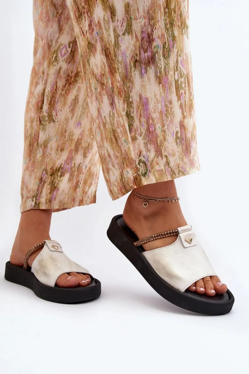 Online Zazoo 2896 Klapki Damskie Skórzane Biało-Złote Biały