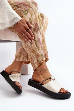 Online Zazoo 2896 Klapki Damskie Skórzane Biało-Złote Biały