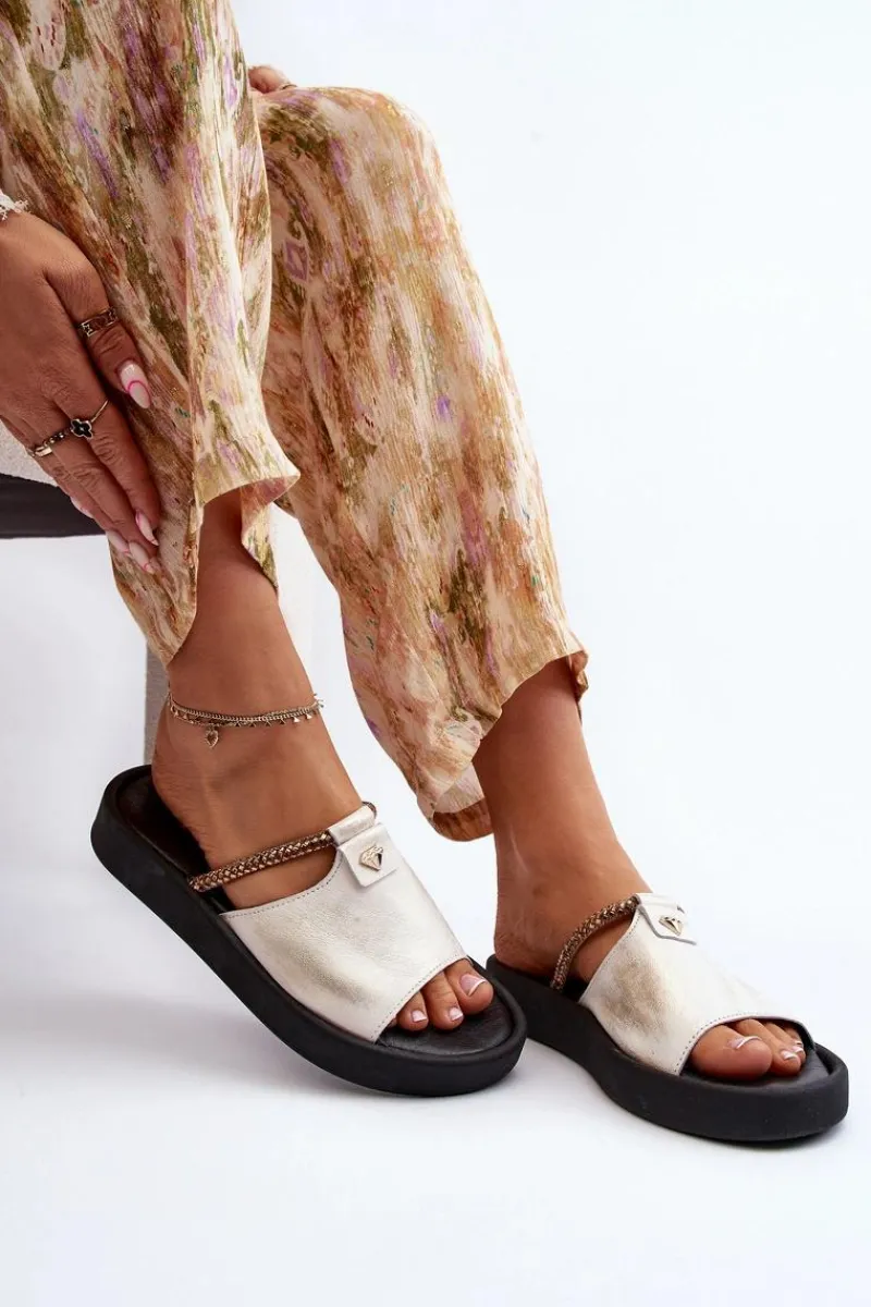 Online Zazoo 2896 Klapki Damskie Skórzane Biało-Złote Biały