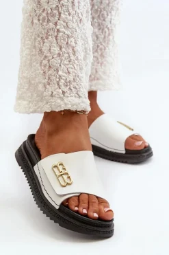 Discount Zazoo 50101 Klapki Damskie Skórzane Na Platformie Białe