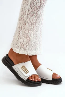Discount Zazoo 50101 Klapki Damskie Skórzane Na Platformie Białe