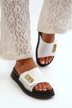 Discount Zazoo 50101 Klapki Damskie Skórzane Na Platformie Białe