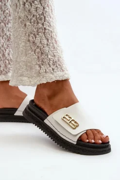 Discount Zazoo 50101 Klapki Damskie Skórzane Na Platformie Białe