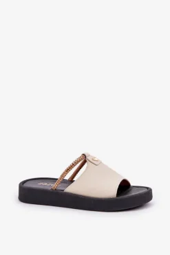 Discount Zazoo 2896 Klapki Damskie Skórzane Beżowe