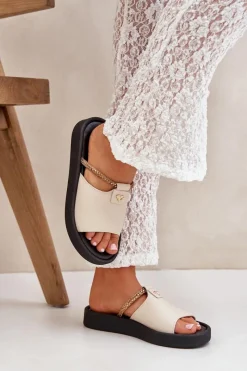 Discount Zazoo 2896 Klapki Damskie Skórzane Beżowe