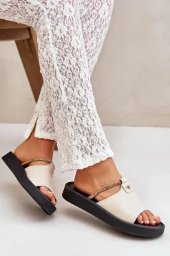 Discount Zazoo 2896 Klapki Damskie Skórzane Beżowe