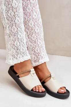 Discount Zazoo 2896 Klapki Damskie Skórzane Beżowe