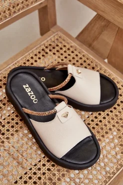 Discount Zazoo 2896 Klapki Damskie Skórzane Beżowe