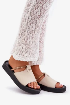 Discount Zazoo 2896 Klapki Damskie Skórzane Beżowe