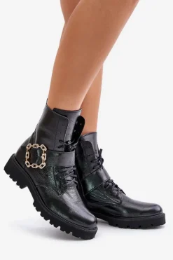 Outlet 2951 Lakierowane Botki Z Ozdobną Klamrą Czarne Damskie Brązowe I Beżowe Botki|Botki Płaskie